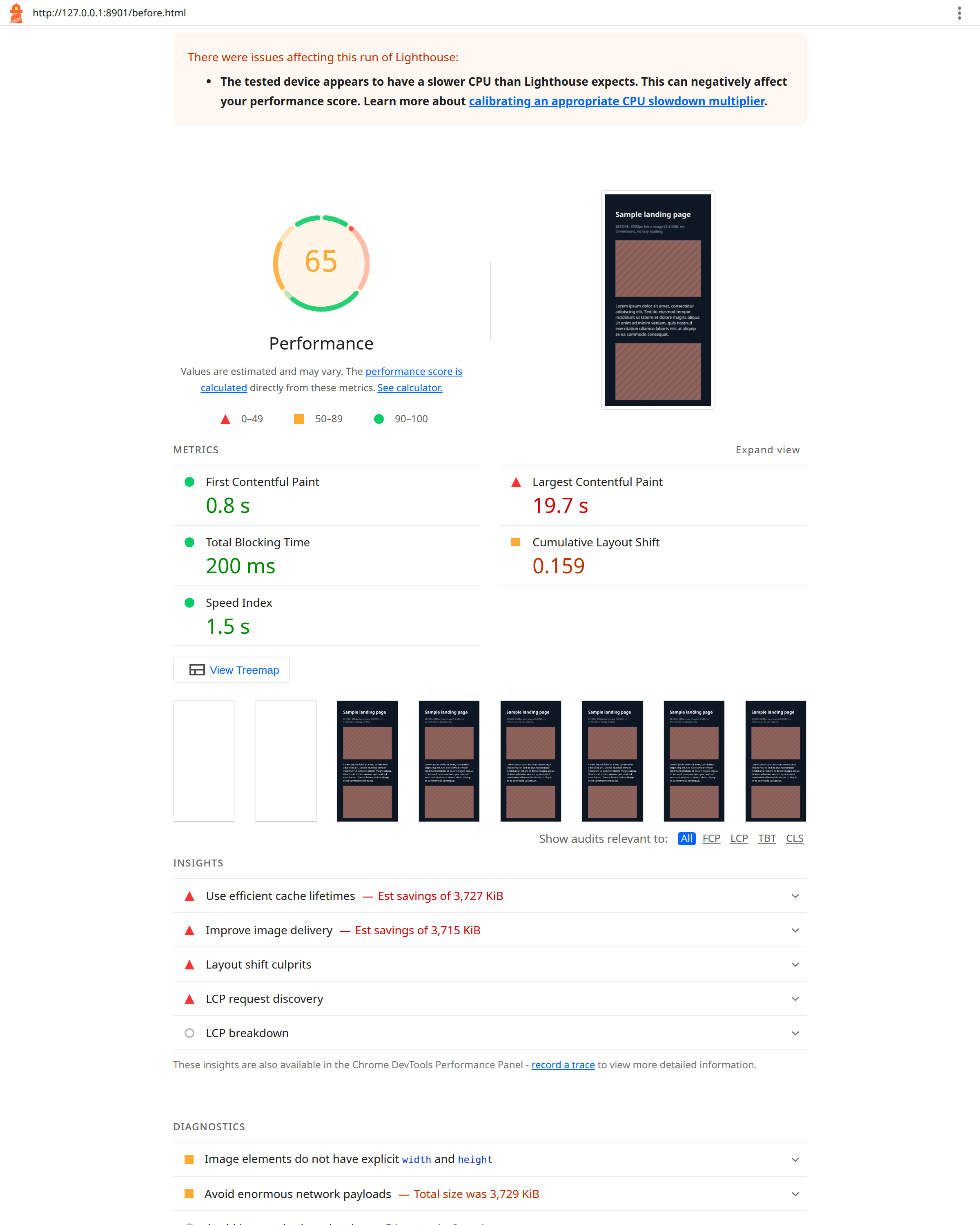 PageSpeed score report showing a slow mobile score before optimization